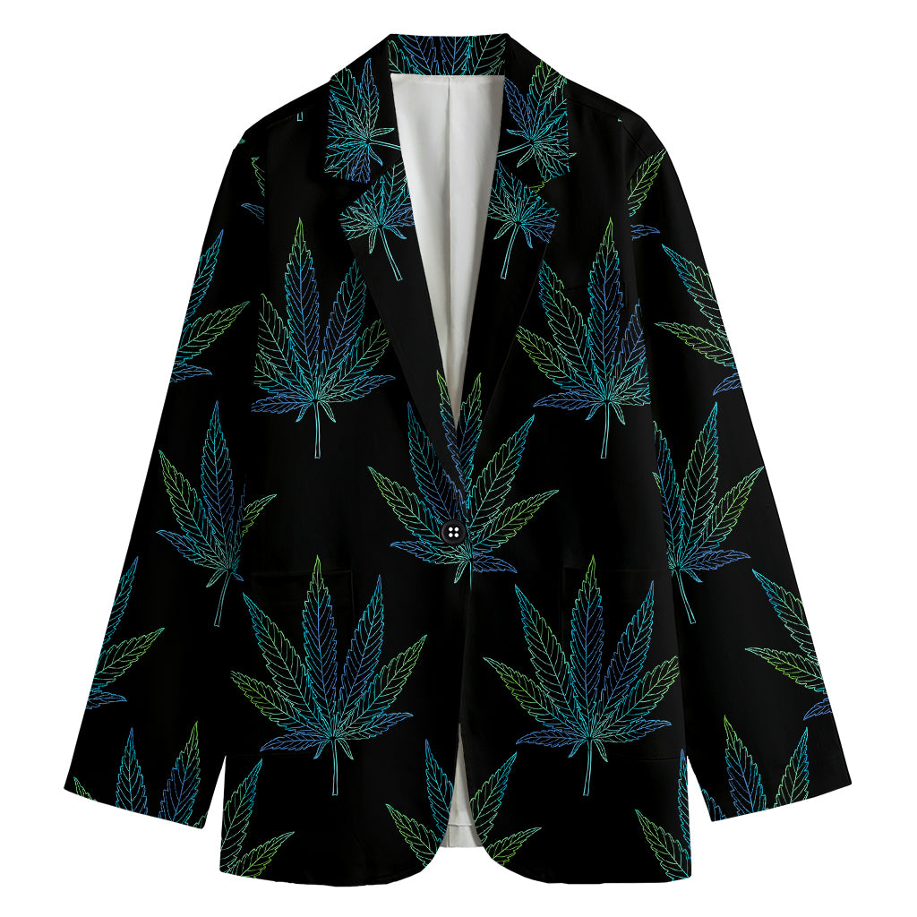 Blue And Green Weed Leaf Pattern Print Women's Cotton Blazer