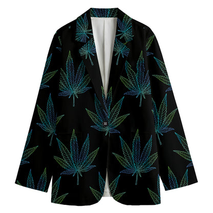 Blue And Green Weed Leaf Pattern Print Women's Cotton Blazer