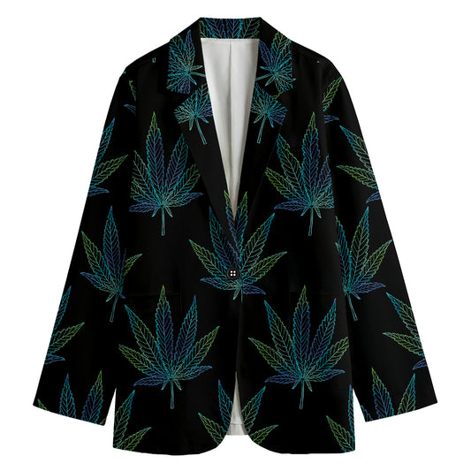 Blue And Green Weed Leaf Pattern Print Women's Cotton Blazer