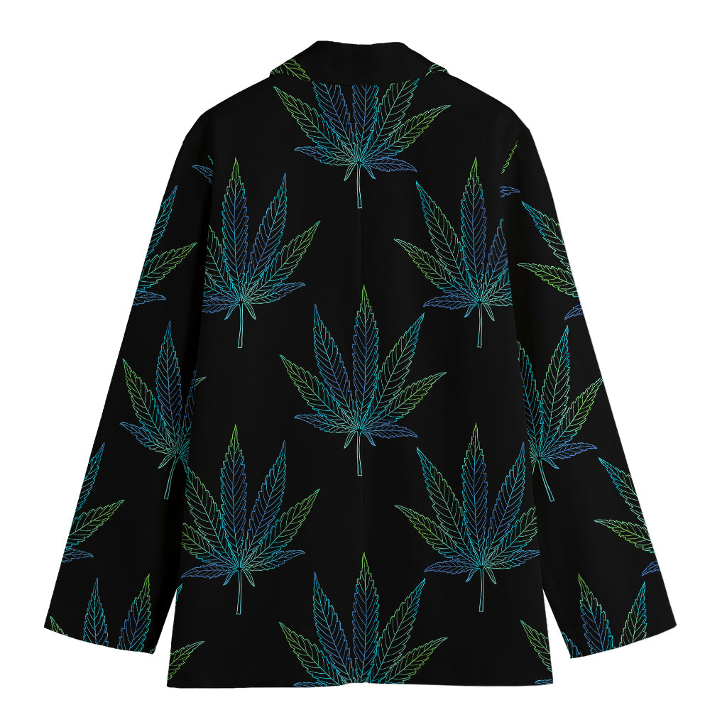Blue And Green Weed Leaf Pattern Print Women's Cotton Blazer