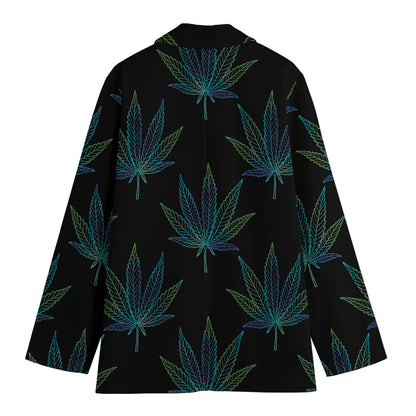 Blue And Green Weed Leaf Pattern Print Women's Cotton Blazer