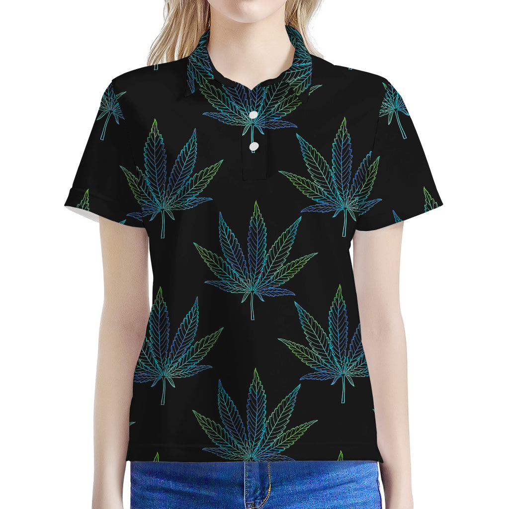 Blue And Green Weed Leaf Pattern Print Women's Polo Shirt