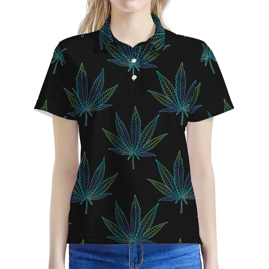 Blue And Green Weed Leaf Pattern Print Women's Polo Shirt