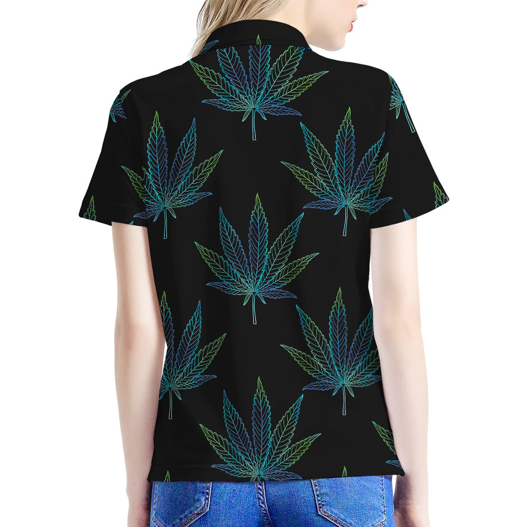 Blue And Green Weed Leaf Pattern Print Women's Polo Shirt