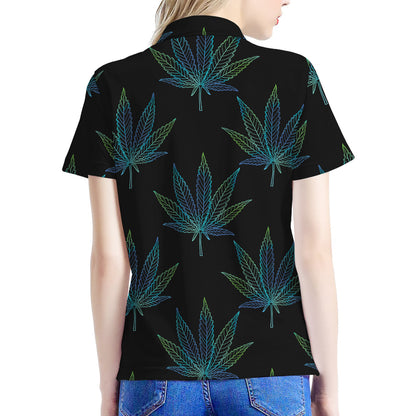 Blue And Green Weed Leaf Pattern Print Women's Polo Shirt