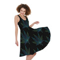 Blue And Green Weed Leaf Pattern Print Sleeveless Knee Length Dress