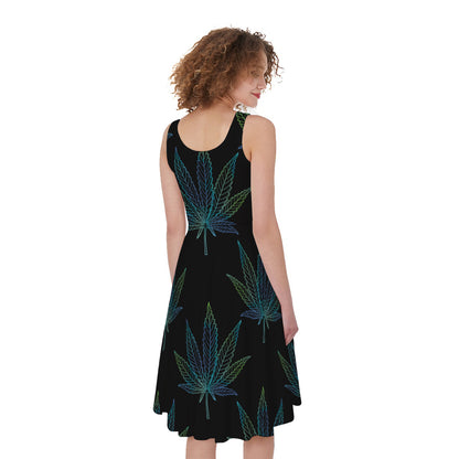 Blue And Green Weed Leaf Pattern Print Women's Sleeveless Dress