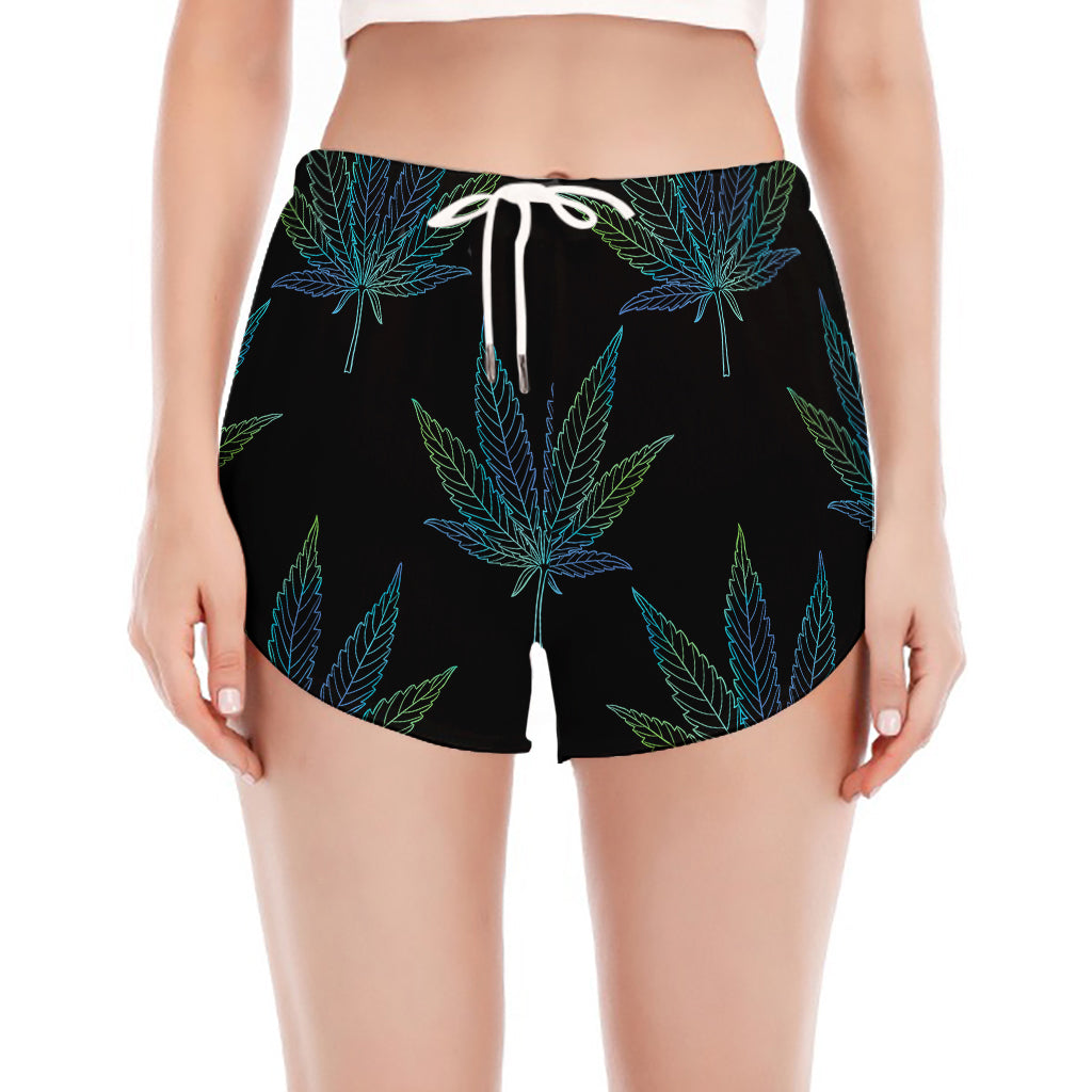 Blue And Green Weed Leaf Pattern Print Women's Split Running Shorts