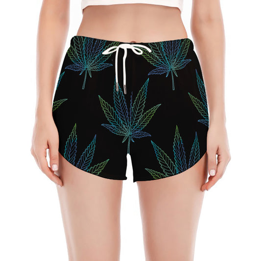 Blue And Green Weed Leaf Pattern Print Women's Split Running Shorts