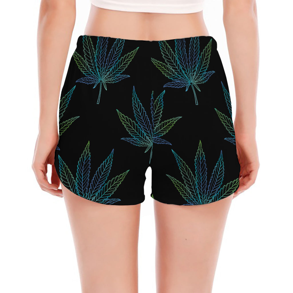 Blue And Green Weed Leaf Pattern Print Women's Split Running Shorts