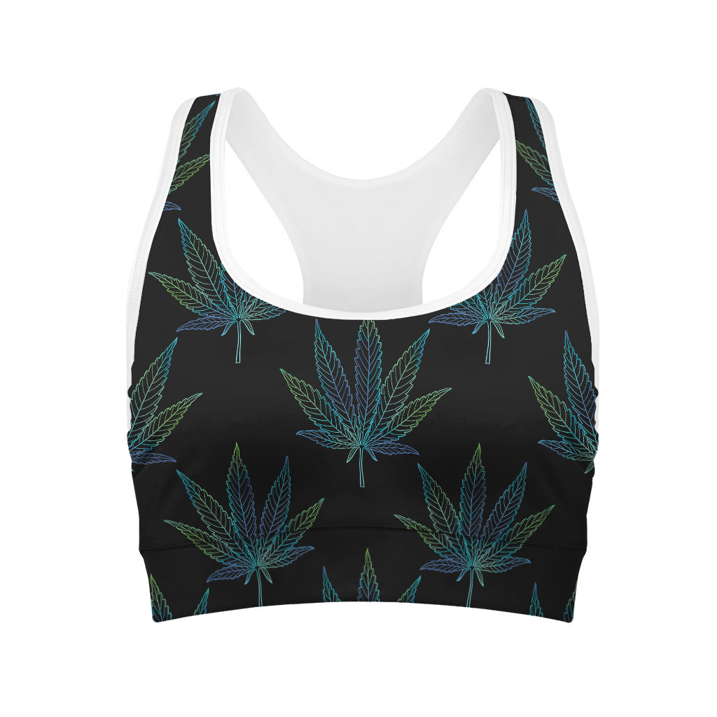 Blue And Green Weed Leaf Pattern Print Women's Sports Bra