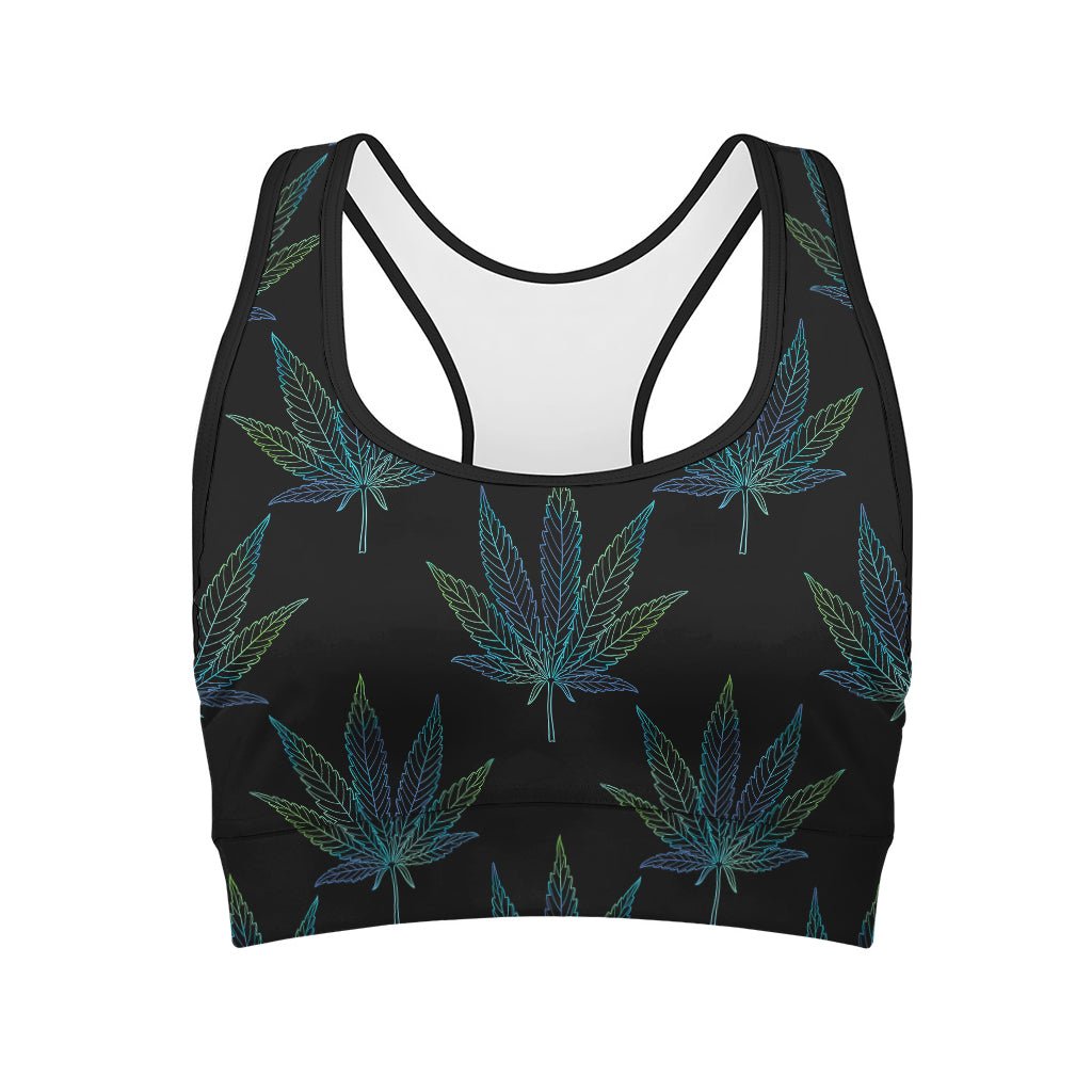 Blue And Green Weed Leaf Pattern Print Women's Sports Bra