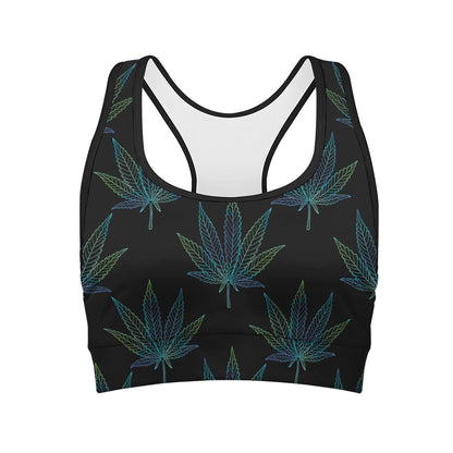 Blue And Green Weed Leaf Pattern Print Women's Sports Bra