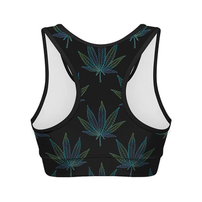 Blue And Green Weed Leaf Pattern Print Women's Sports Bra