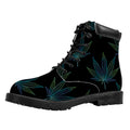 Blue And Green Weed Leaf Pattern Print Padded Collar Lace Up Boots