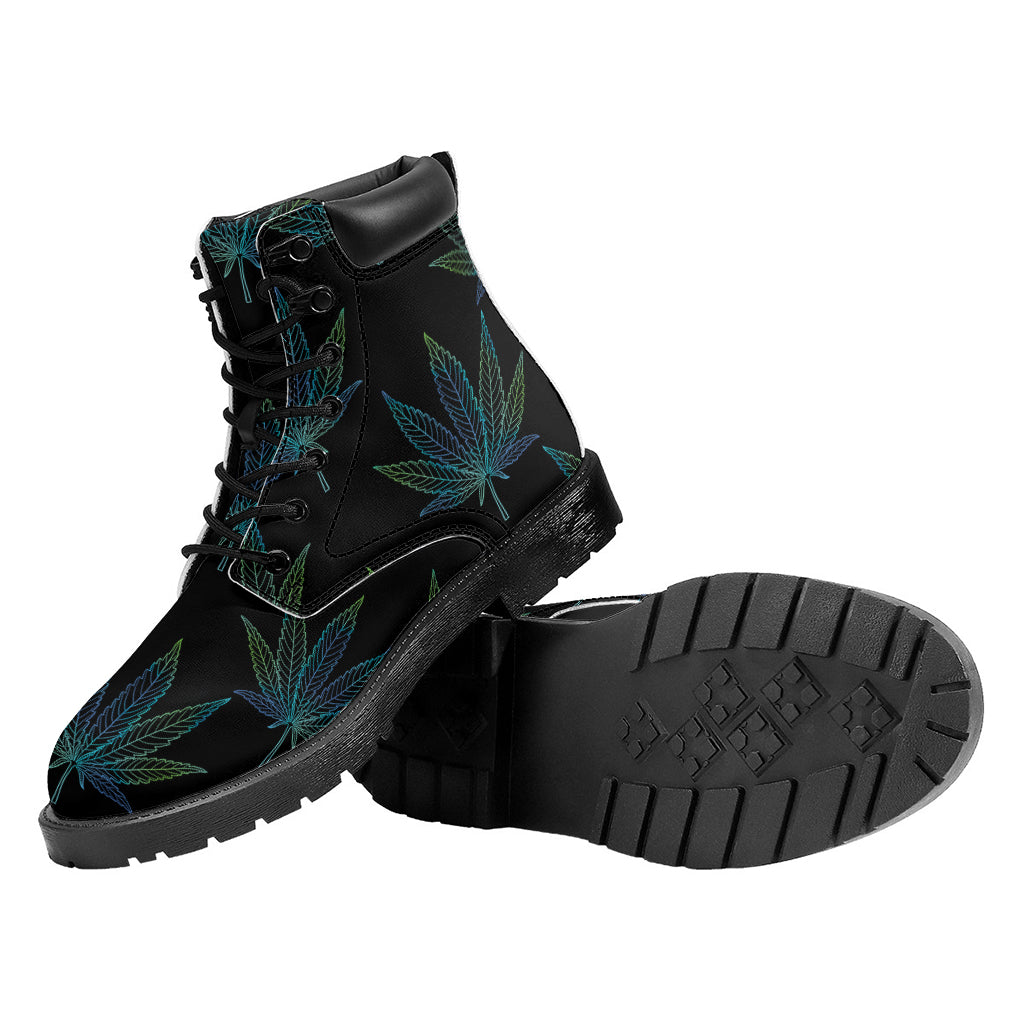 Blue And Green Weed Leaf Pattern Print Work Boots