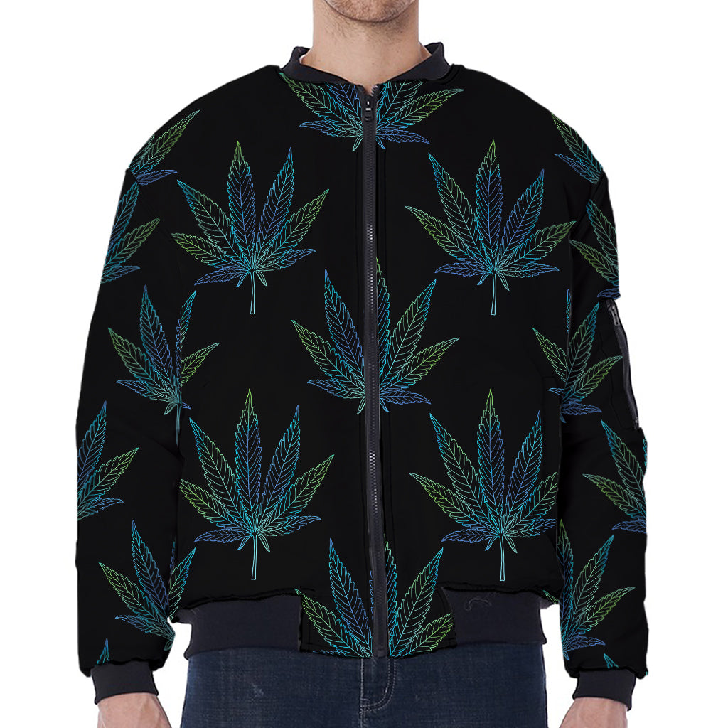 Blue And Green Weed Leaf Pattern Print Zip Sleeve Bomber Jacket