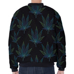 Blue And Green Weed Leaf Pattern Print Zip Sleeve Bomber Jacket