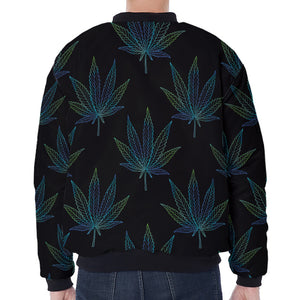 Blue And Green Weed Leaf Pattern Print Zip Sleeve Bomber Jacket