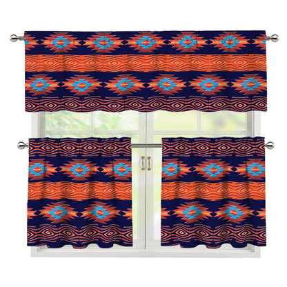 Blue And Orange Southwestern Print 3 Piece Kitchen Curtains