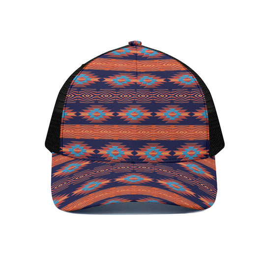Blue And Orange Southwestern Print Black Mesh Trucker Cap