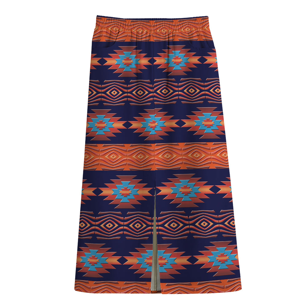 Blue And Orange Southwestern Print Cotton Front Slit Maxi Skirt
