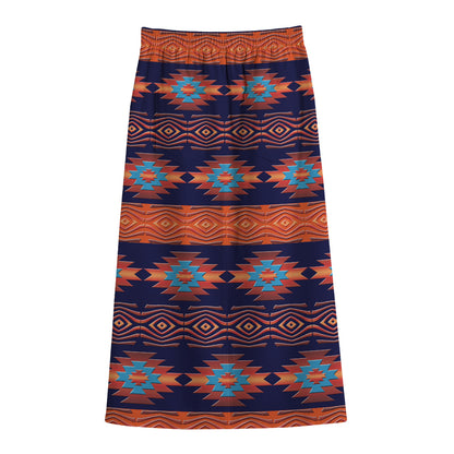 Blue And Orange Southwestern Print Cotton Front Slit Maxi Skirt