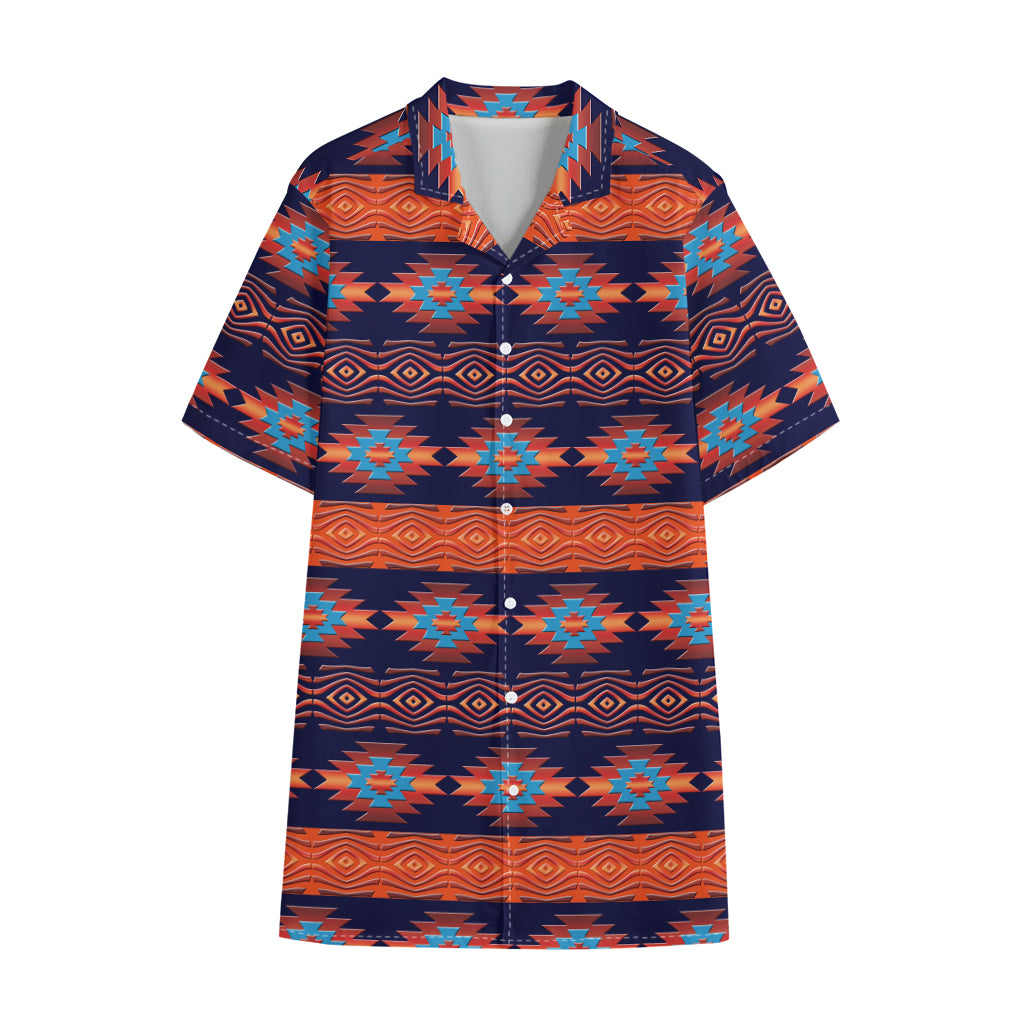 Blue And Orange Southwestern Print Cotton Hawaiian Shirt