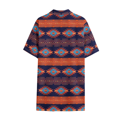 Blue And Orange Southwestern Print Cotton Hawaiian Shirt