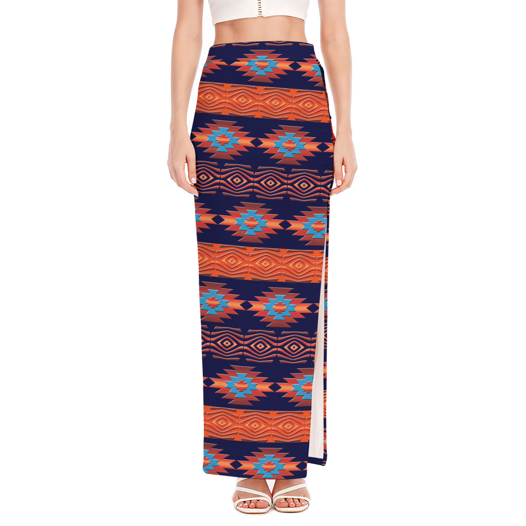 Blue And Orange Southwestern Print High Slit Maxi Skirt