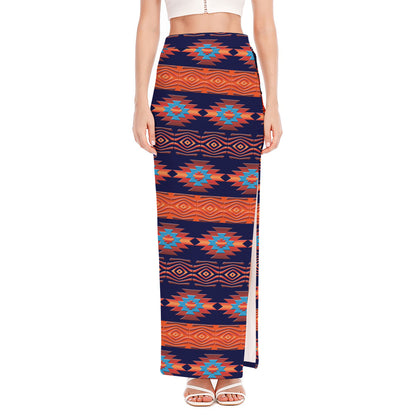 Blue And Orange Southwestern Print High Slit Maxi Skirt