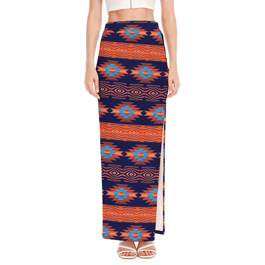 Blue And Orange Southwestern Print High Slit Maxi Skirt