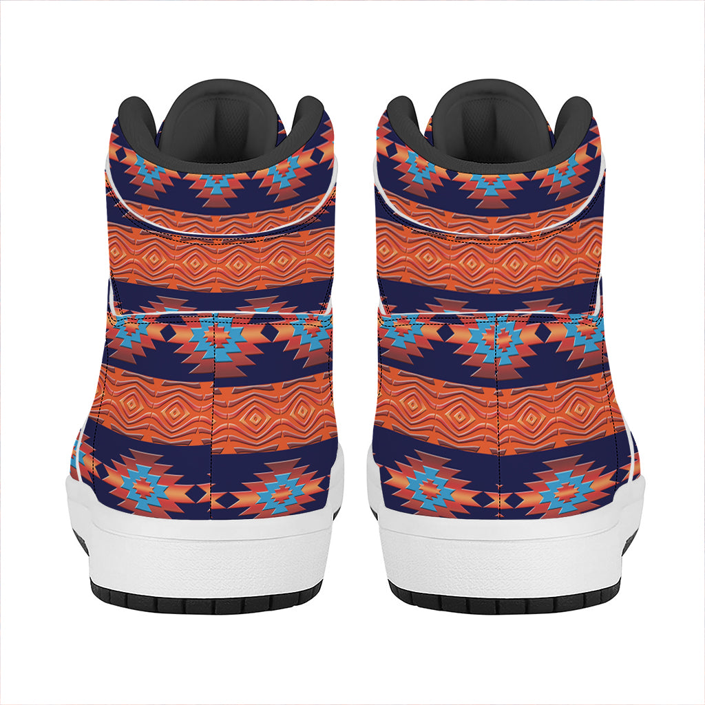 Blue And Orange Southwestern Print High Top Leather Sneakers