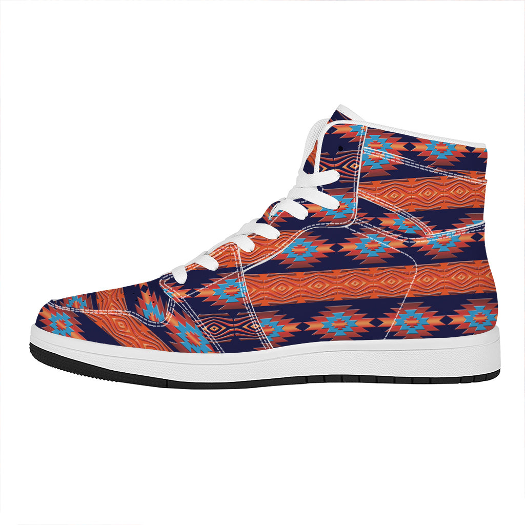 Blue And Orange Southwestern Print High Top Leather Sneakers