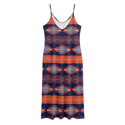Blue And Orange Southwestern Print Jersey Midi Cami Dress