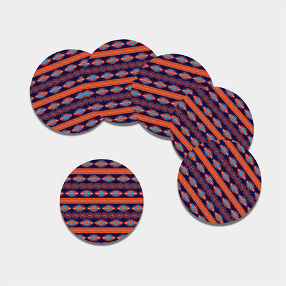 Blue And Orange Southwestern Print Leather Coaster Set