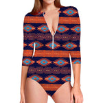Blue And Orange Southwestern Print Long Sleeve Swimsuit