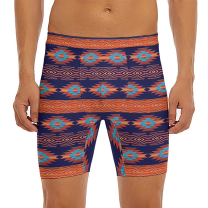 Blue And Orange Southwestern Print Men's Long Boxer Briefs