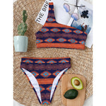 Blue And Orange Southwestern Print One Shoulder Bikini Top