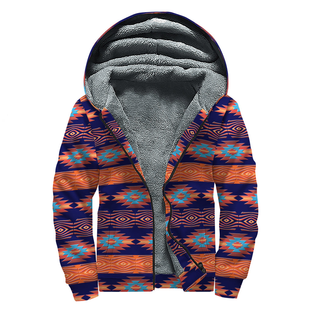 Blue And Orange Southwestern Print Sherpa Lined Zip Up Hoodie