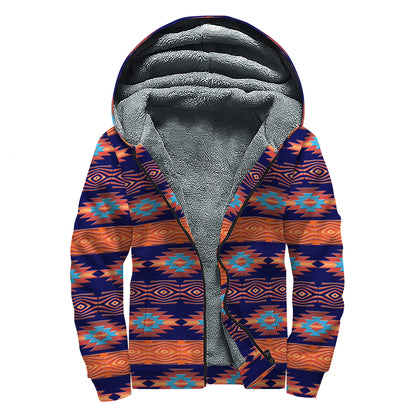 Blue And Orange Southwestern Print Sherpa Lined Zip Up Hoodie
