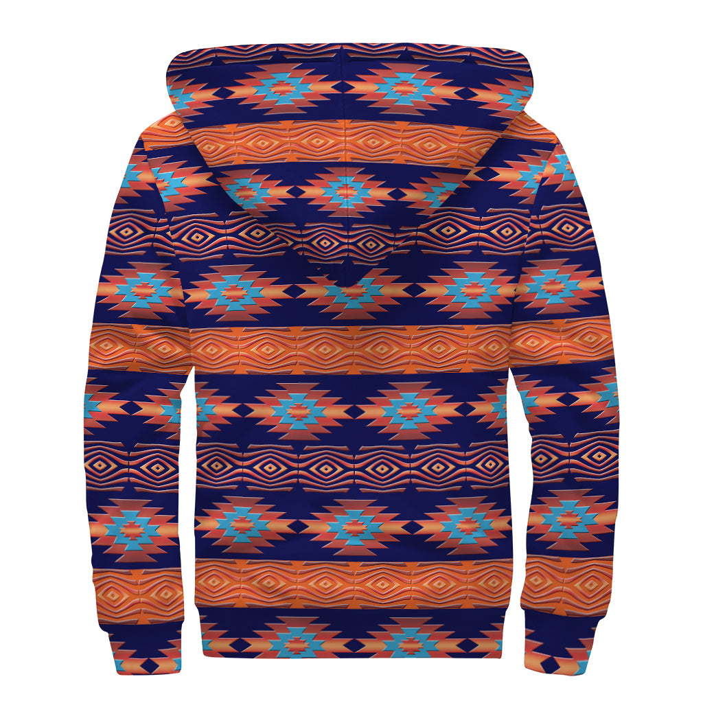 Blue And Orange Southwestern Print Sherpa Lined Zip Up Hoodie