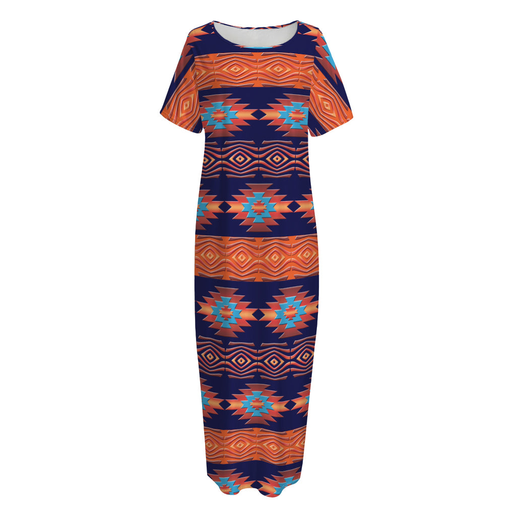 Blue And Orange Southwestern Print Short Sleeve Long Nightdress