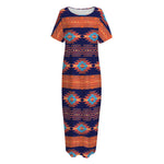 Blue And Orange Southwestern Print Short Sleeve Long Nightdress