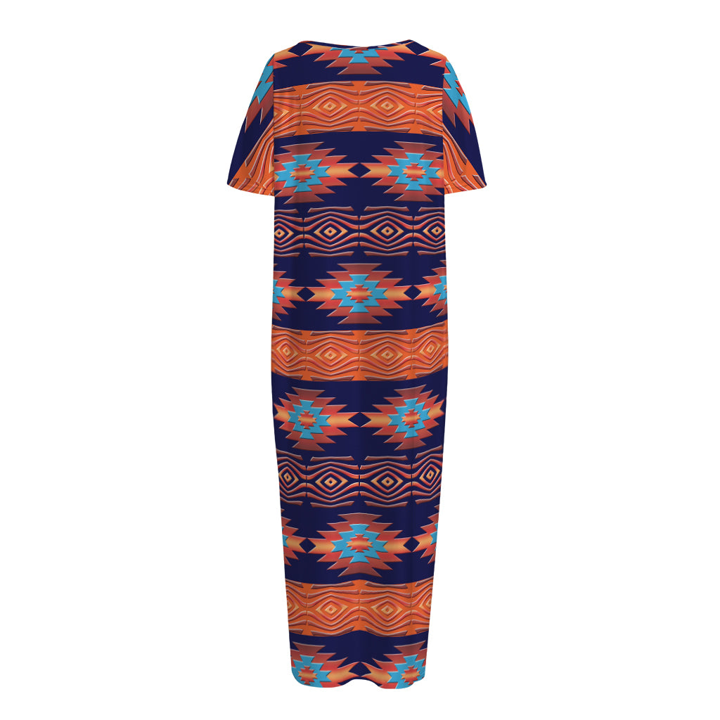 Blue And Orange Southwestern Print Short Sleeve Long Nightdress