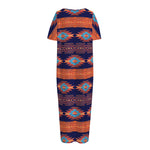 Blue And Orange Southwestern Print Short Sleeve Long Nightdress