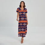 Blue And Orange Southwestern Print Short Sleeve Maxi Dress