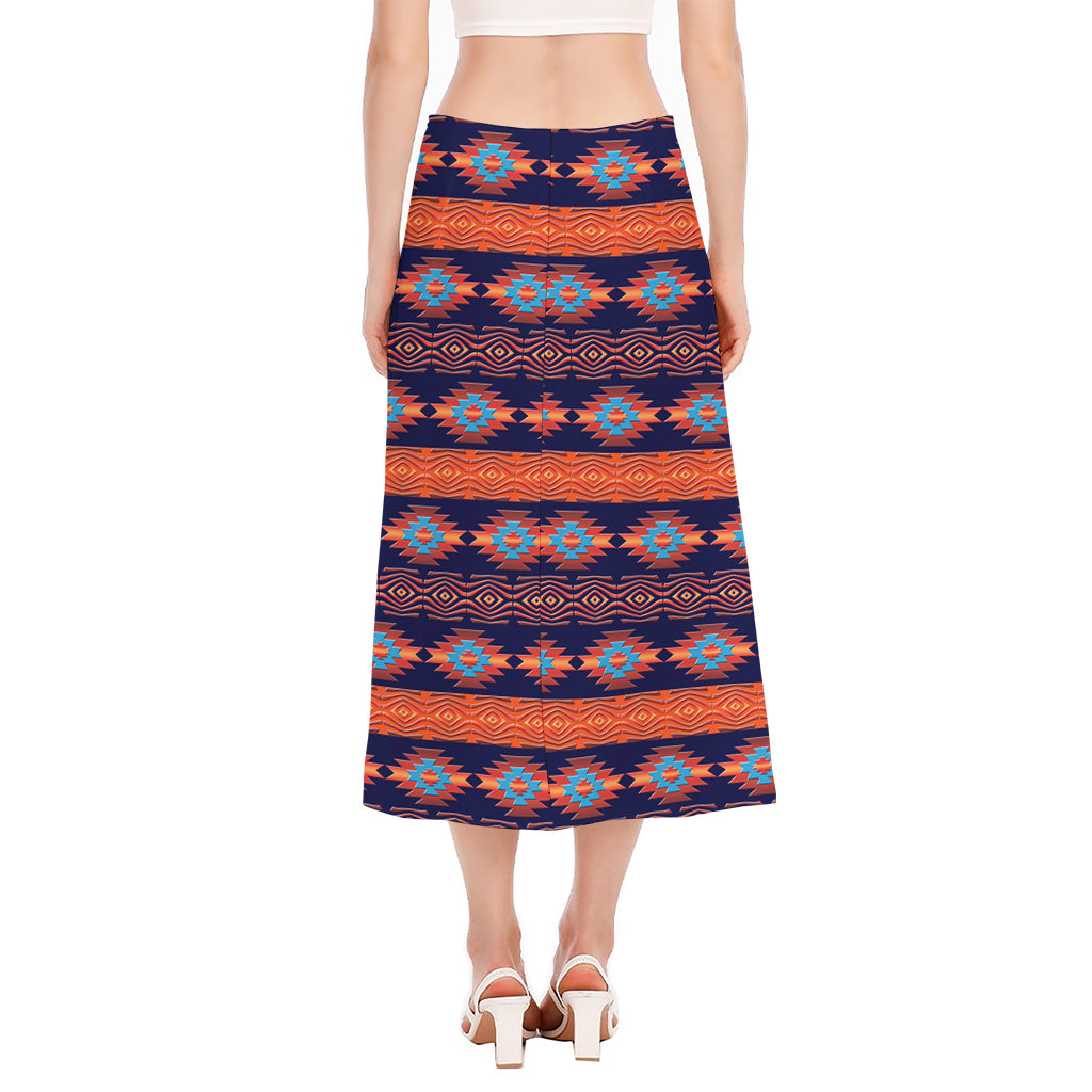 Blue And Orange Southwestern Print Side Slit Midi Skirt