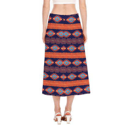 Blue And Orange Southwestern Print Side Slit Midi Skirt