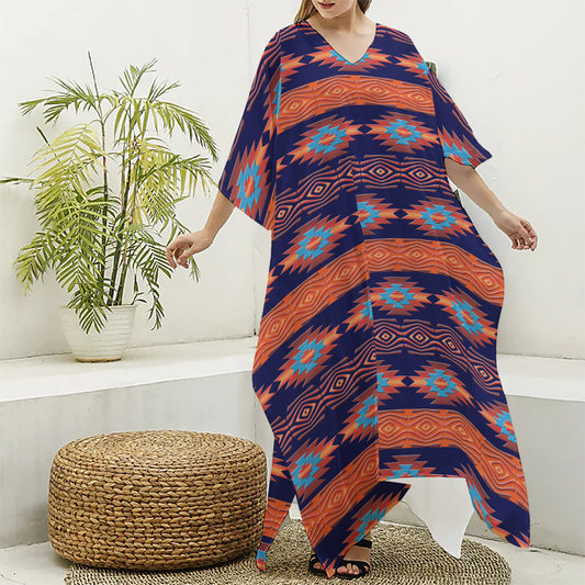 Blue And Orange Southwestern Print Silk V-Neck Kaftan Dress